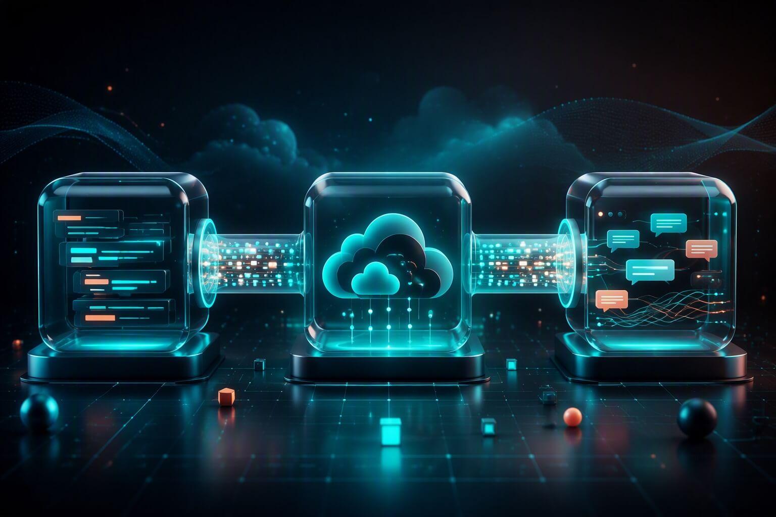 Connected code, cloud and messaging modules forming an AI integration workflow
